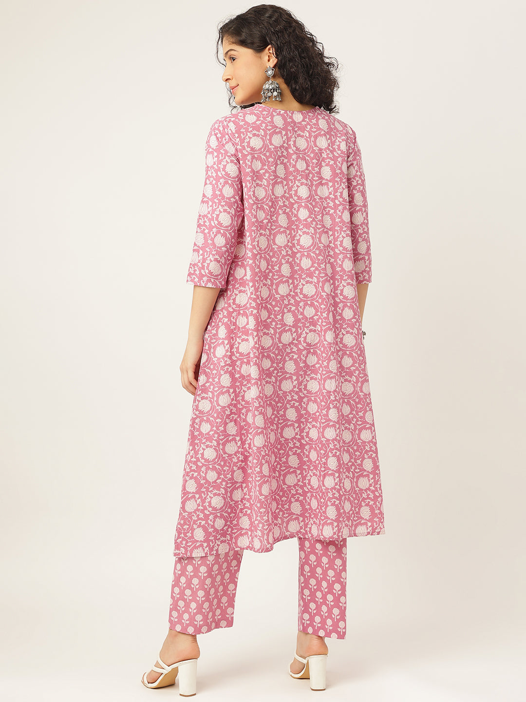 Pink Printed A-Line Cotton Kurta Set