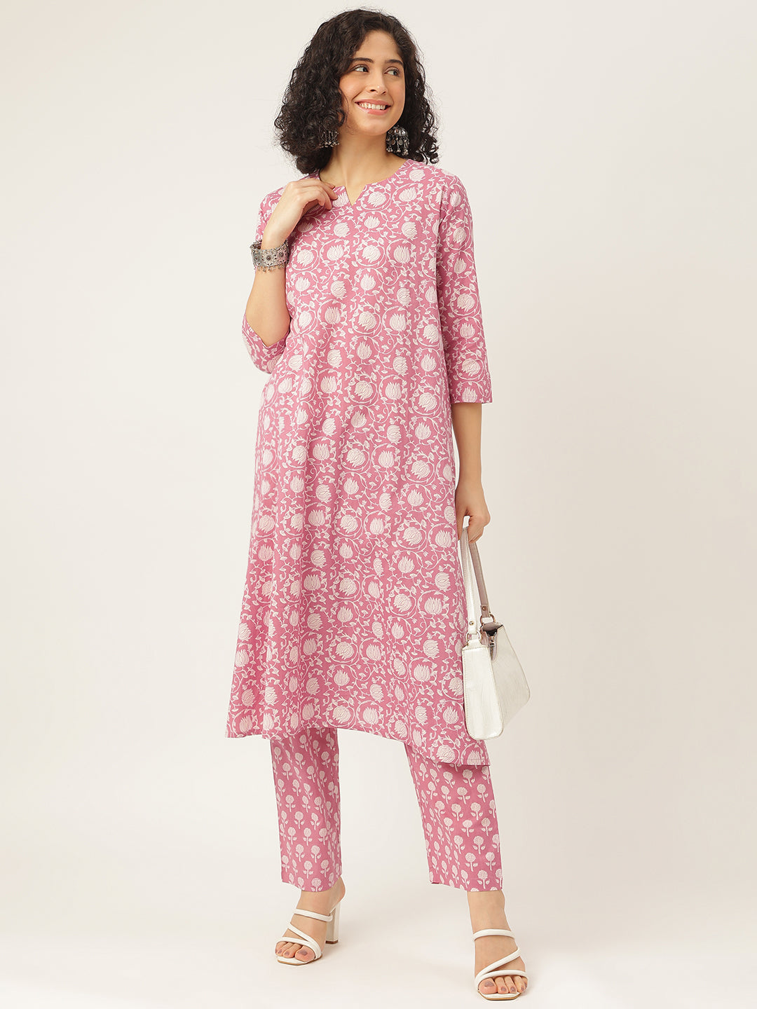 Pink Printed A-Line Cotton Kurta Set