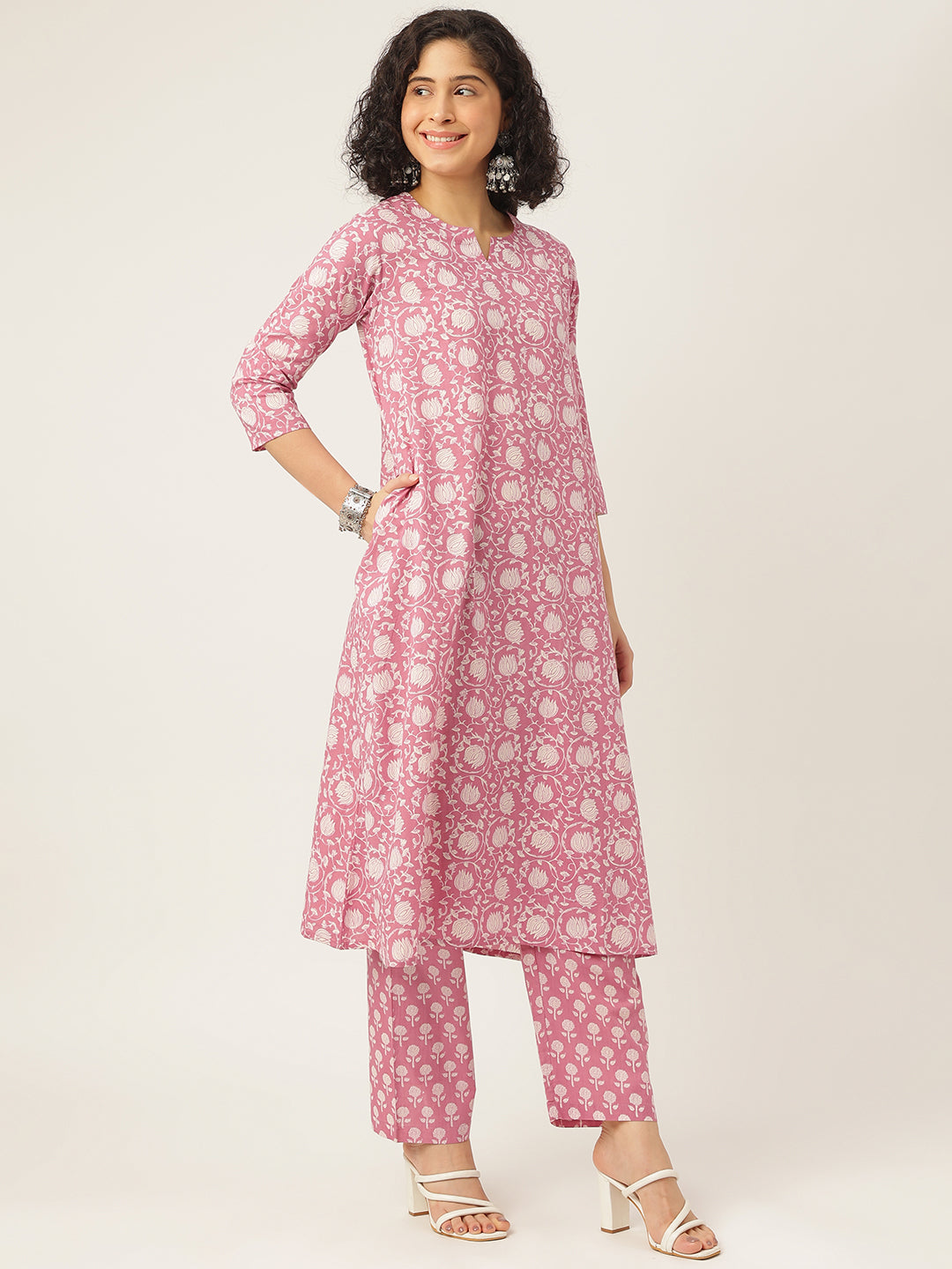 Pink Printed A-Line Cotton Kurta Set