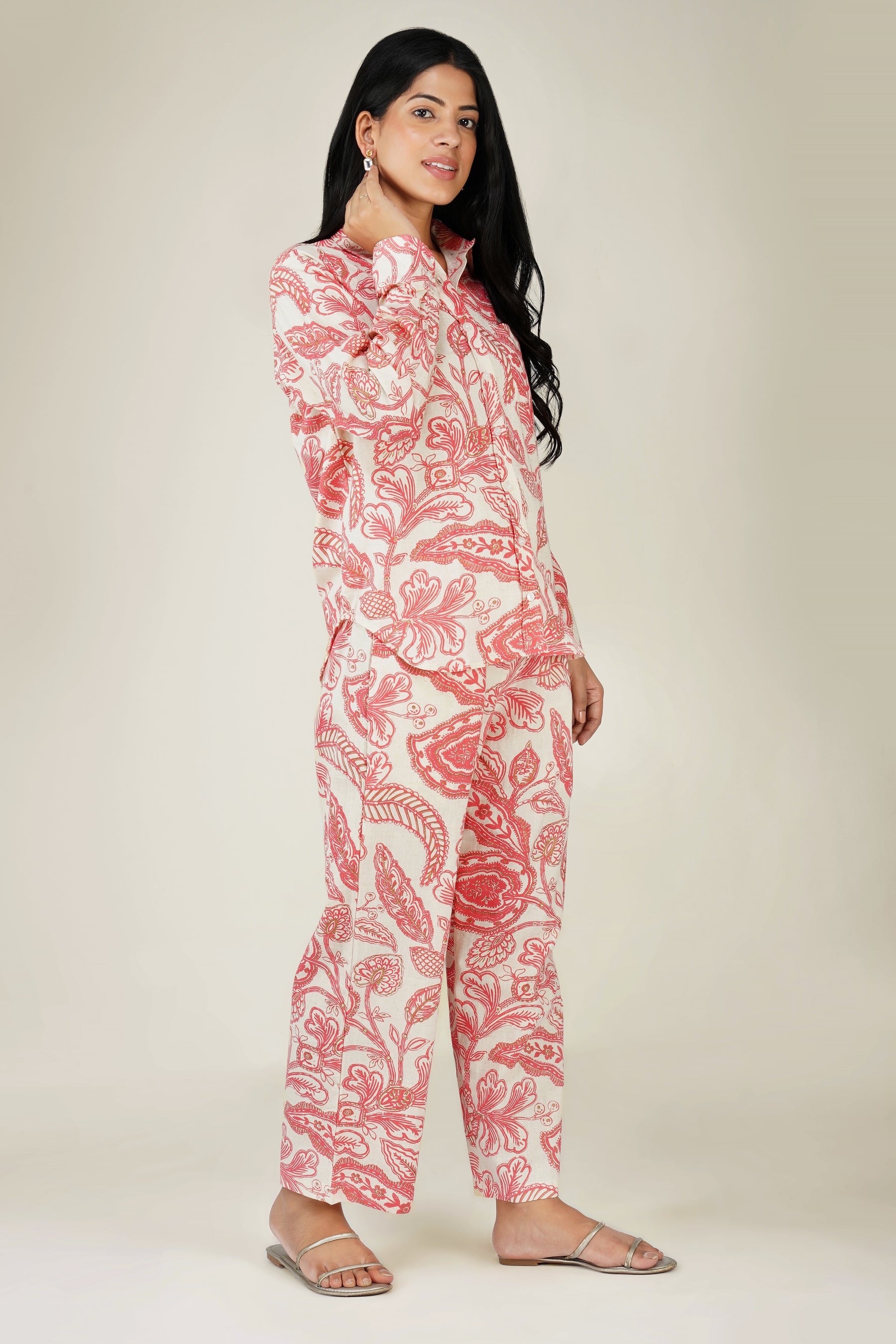 White & Orange Printed Cotton Co-ord Set