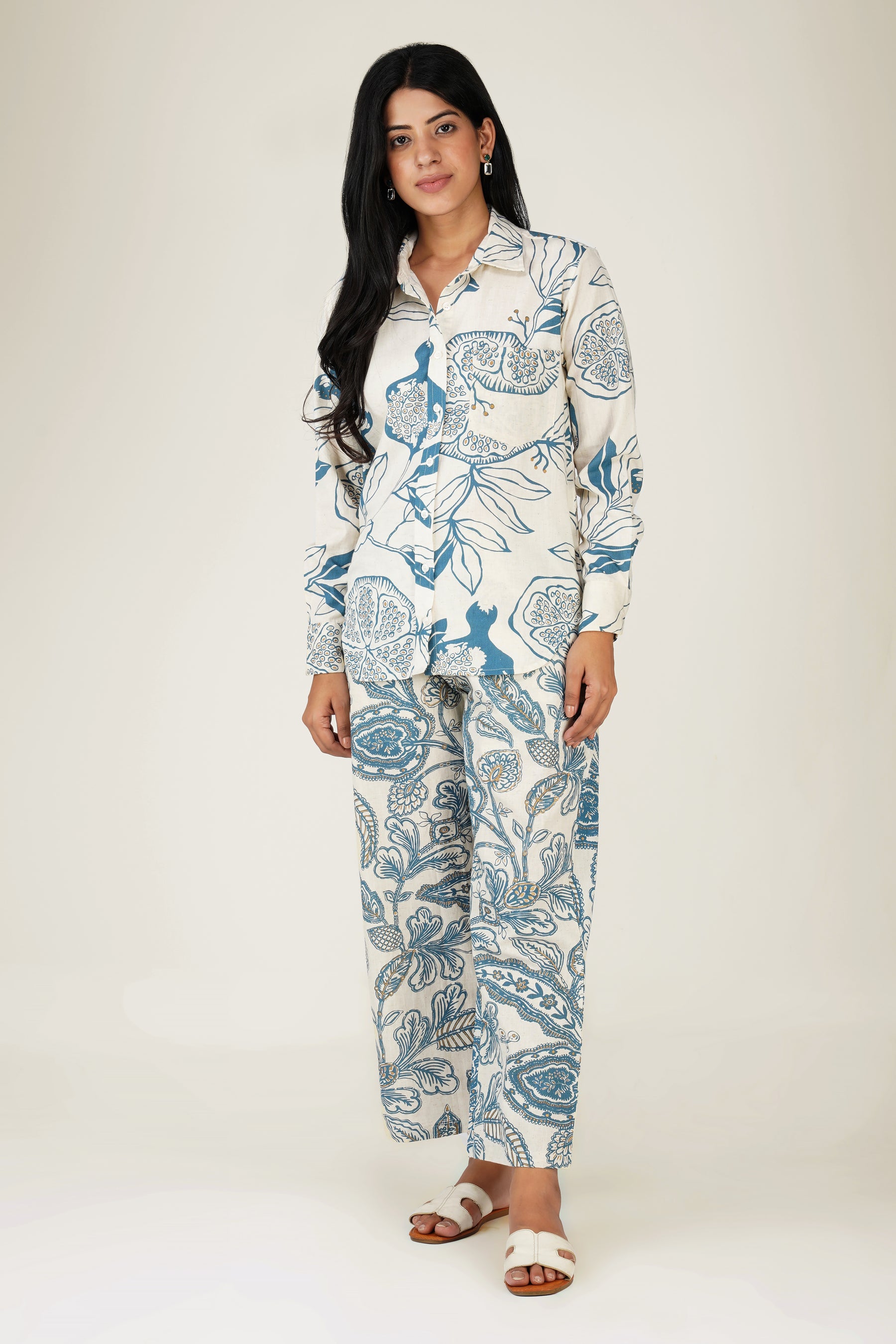 White & Blue Printed Cotton Co-ord Set