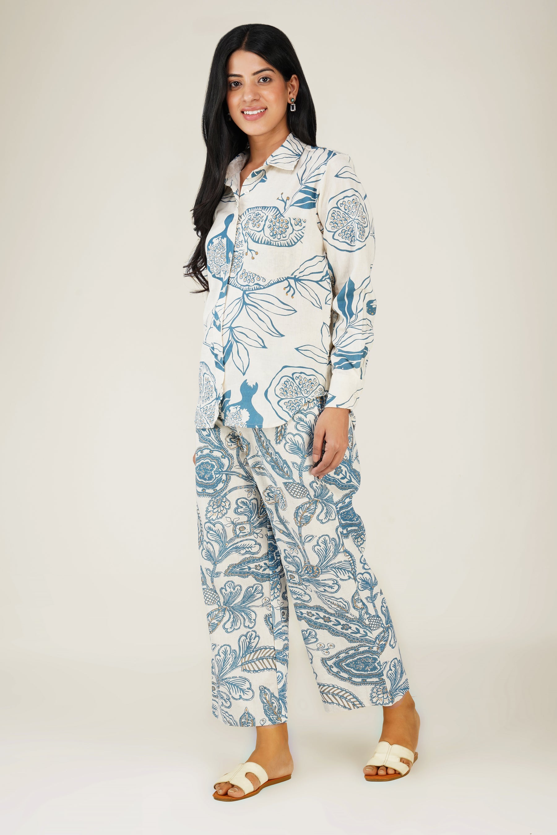 White & Blue Printed Cotton Co-ord Set