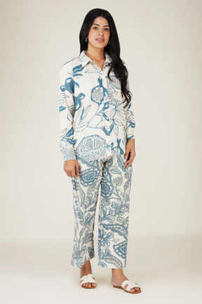 White & Blue Printed Cotton Co-ord Set