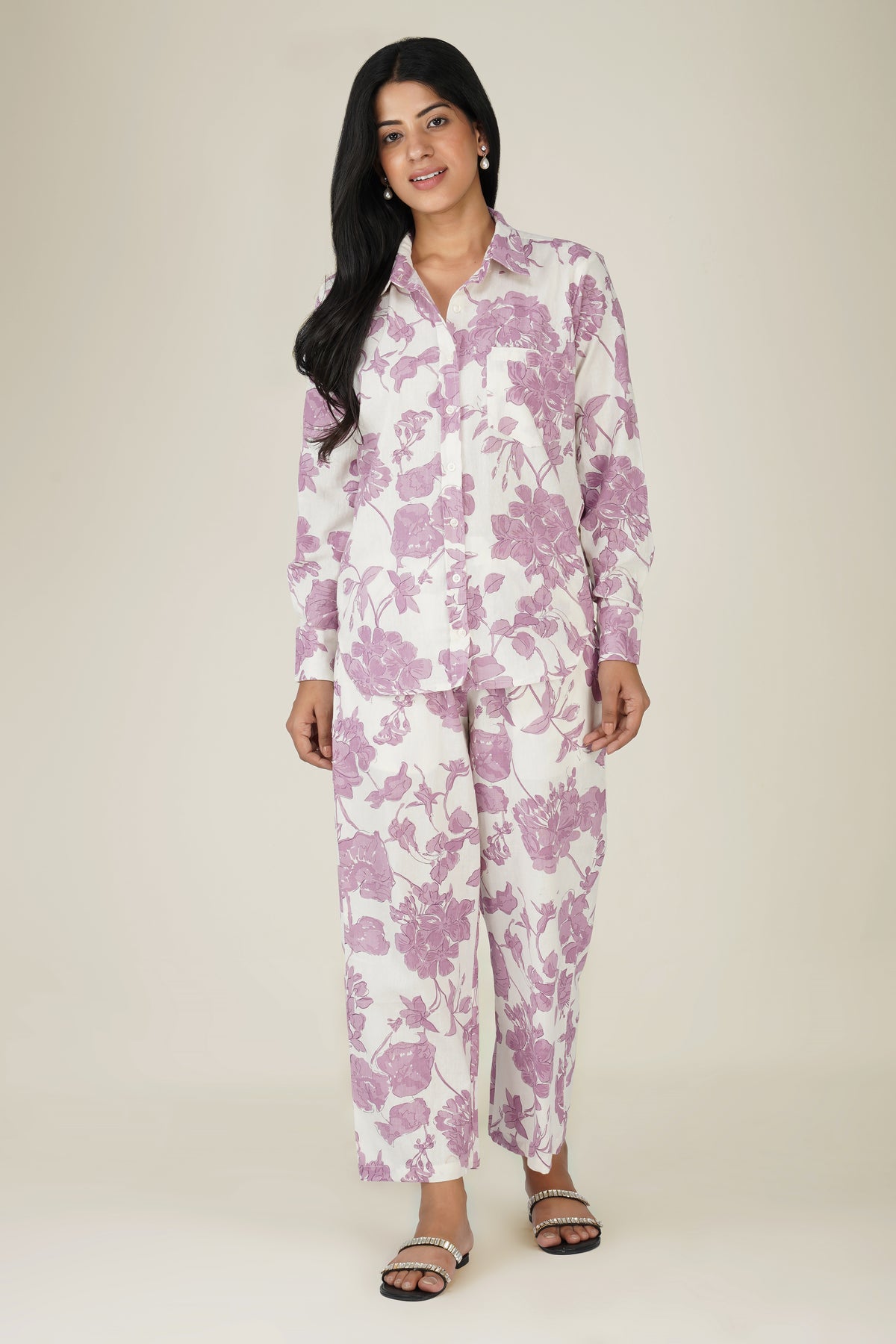 White & Purple Printed Cotton Co-ord Set