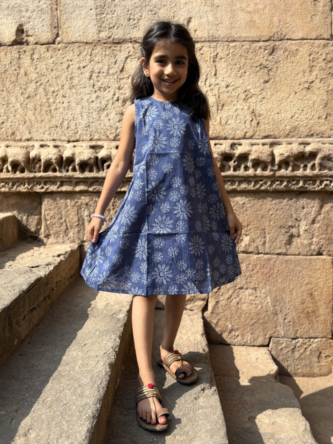 Blue Printed A-Line Sleeveless Cotton Dress