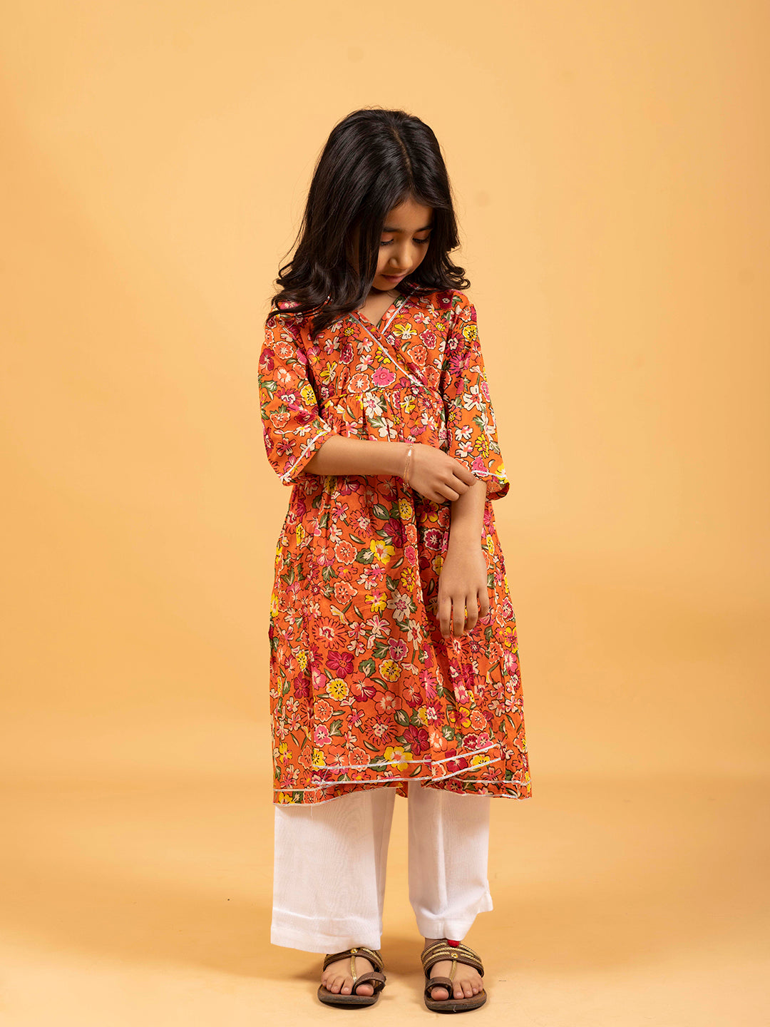 Kids Orange Printed Cotton Angrakha Dress