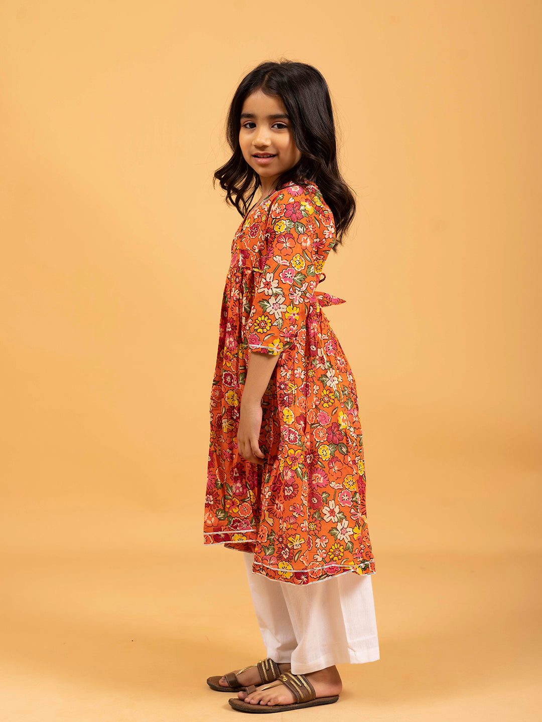 Kids Orange Printed Cotton Angrakha Dress