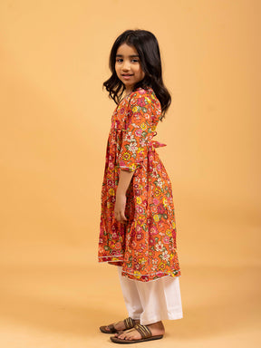 Kids Orange Printed Cotton Angrakha Dress