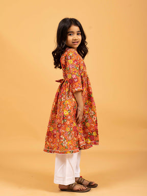 Kids Orange Printed Cotton Angrakha Dress