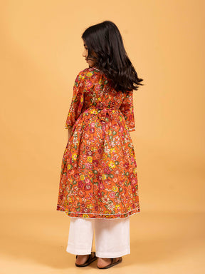 Kids Orange Printed Cotton Angrakha Dress