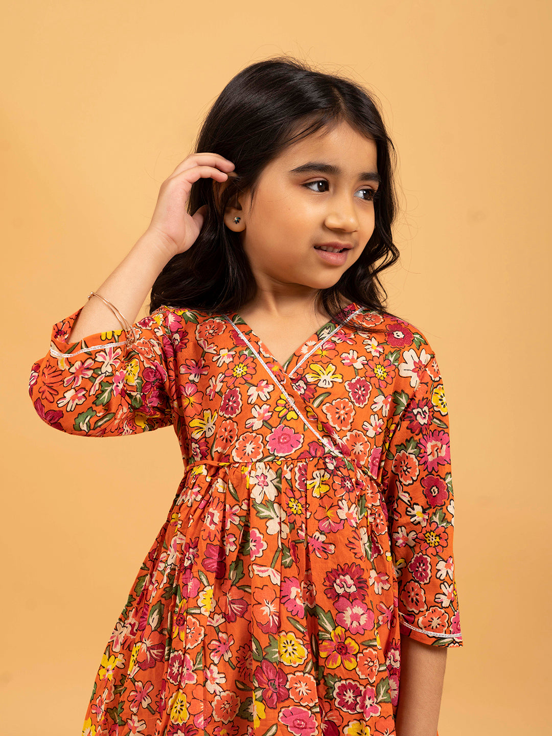 Kids Orange Printed Cotton Angrakha Dress