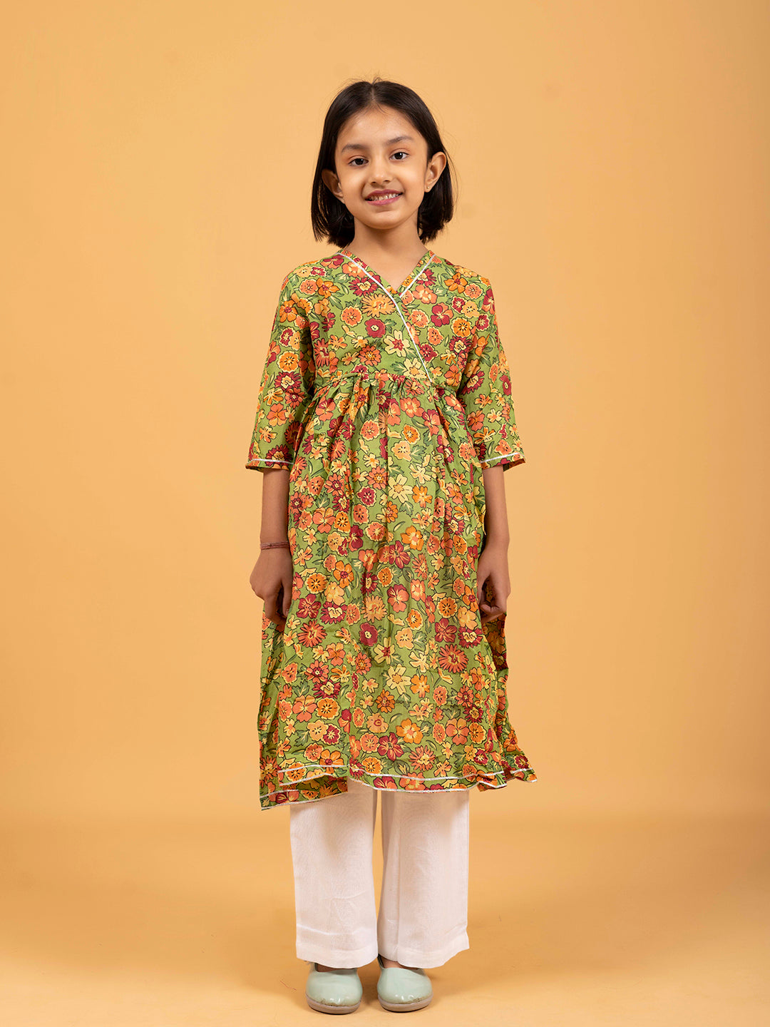 Kids Green Printed Cotton Angrakha Dress