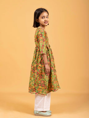 Kids Green Printed Cotton Angrakha Dress