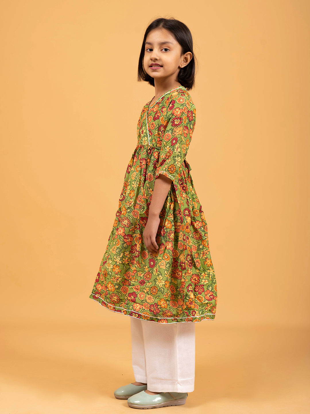 Kids Green Printed Cotton Angrakha Dress