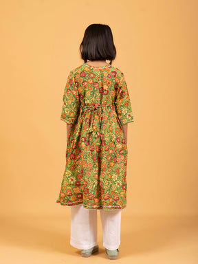 Kids Green Printed Cotton Angrakha Dress