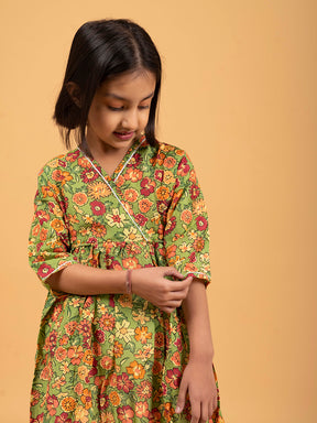 Kids Green Printed Cotton Angrakha Dress