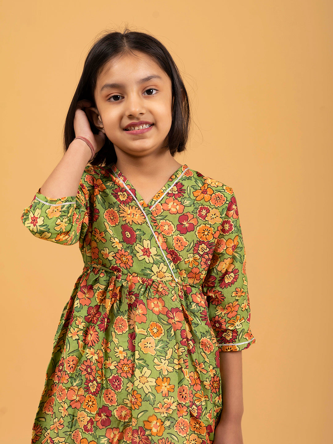 Kids Green Printed Cotton Angrakha Dress