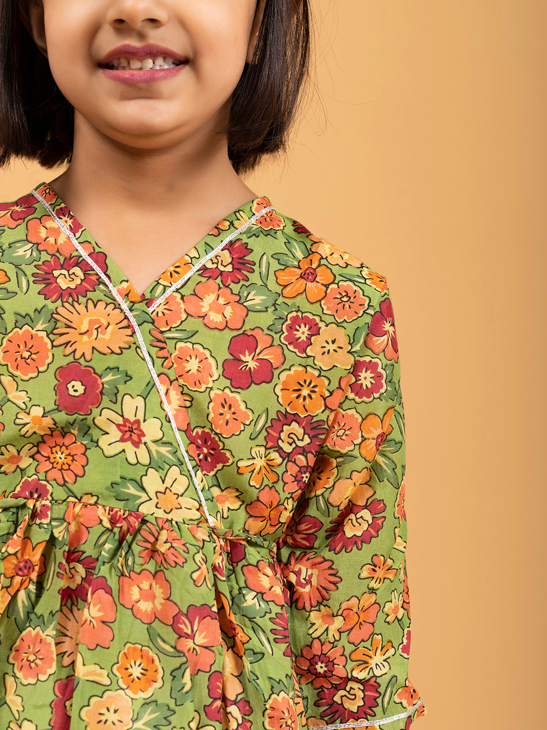 Kids Green Printed Cotton Angrakha Dress