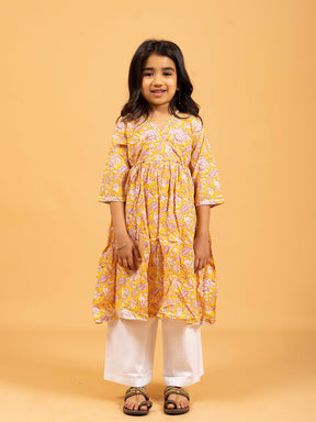 Kids Yellow Printed Cotton Angrakha Dress