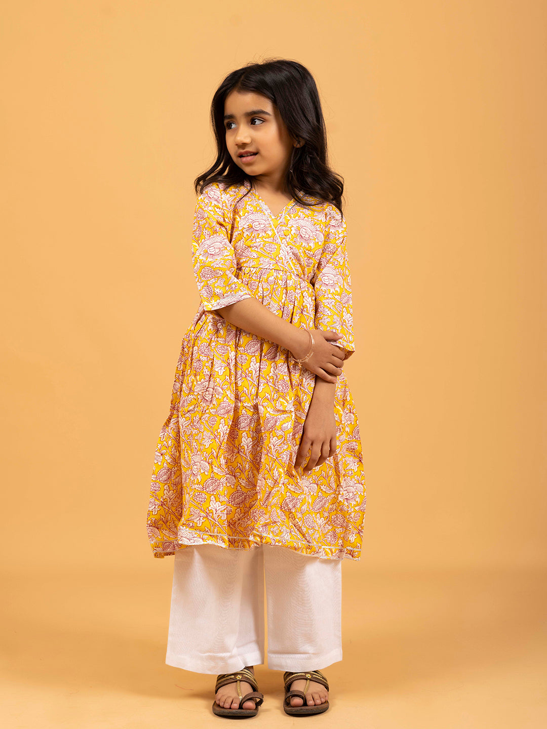 Kids Yellow Printed Cotton Angrakha Dress