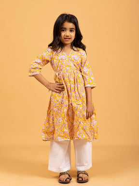 Kids Yellow Printed Cotton Angrakha Dress