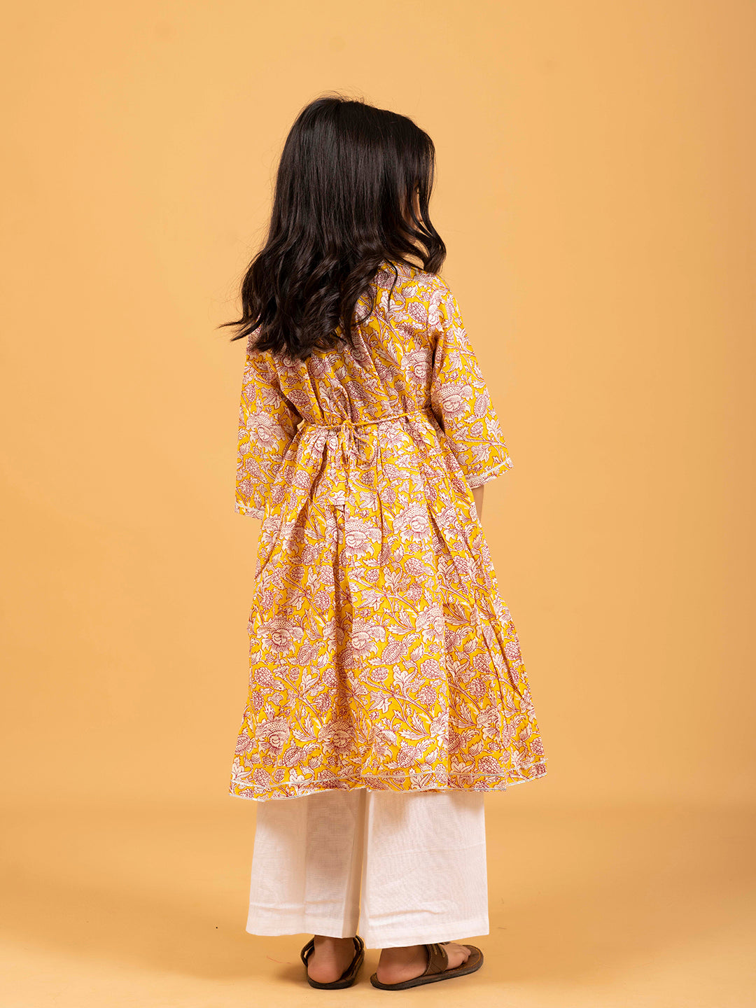 Kids Yellow Printed Cotton Angrakha Dress