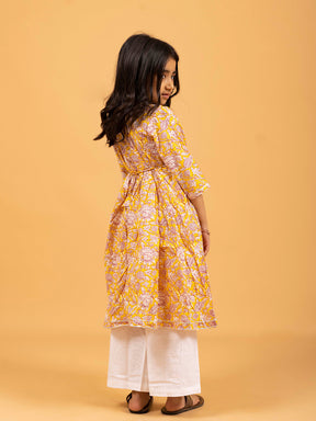 Kids Yellow Printed Cotton Angrakha Dress