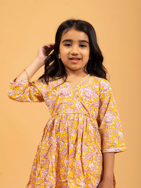 Kids Yellow Printed Cotton Angrakha Dress