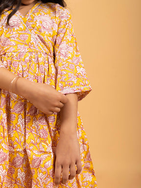 Kids Yellow Printed Cotton Angrakha Dress