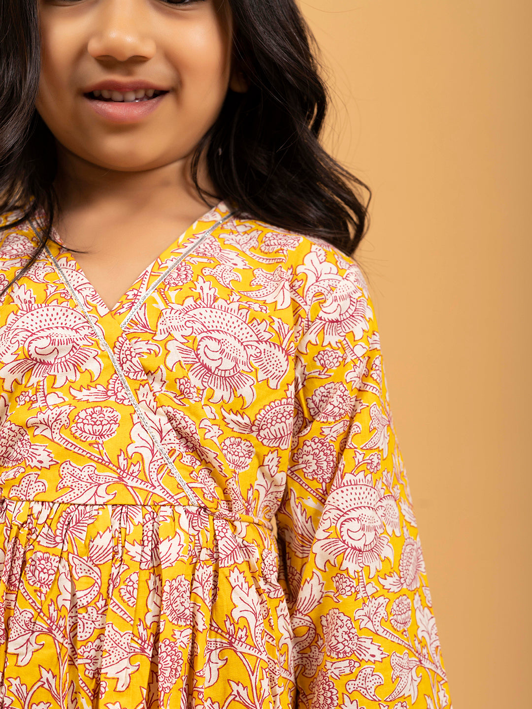 Kids Yellow Printed Cotton Angrakha Dress