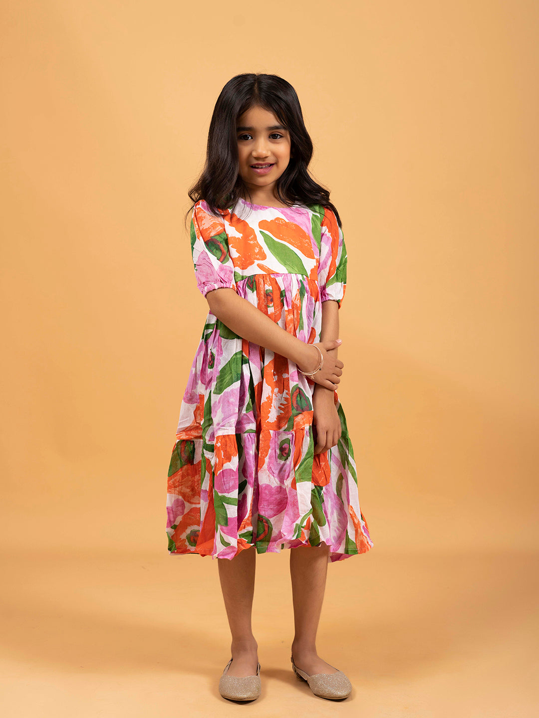 Kids Pink & White Multicolor Half-Sleeve Dress