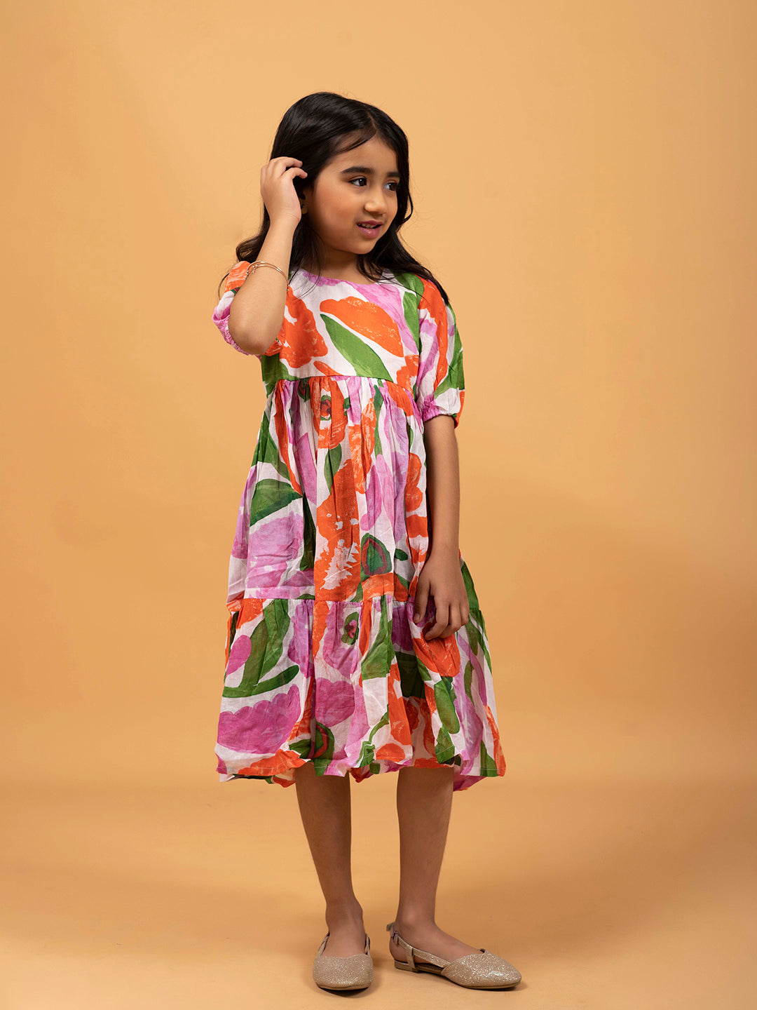 Kids Pink & White Multicolor Half-Sleeve Dress