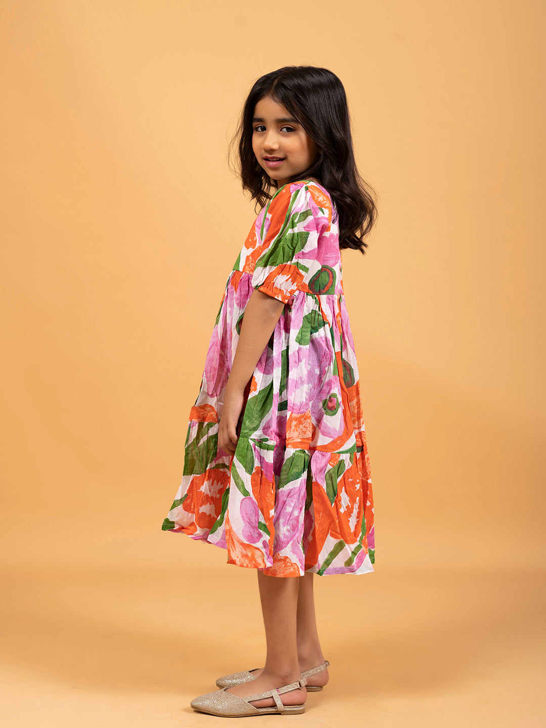 Kids Pink & White Multicolor Half-Sleeve Dress