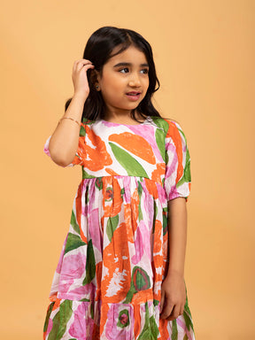 Kids Pink & White Multicolor Half-Sleeve Dress