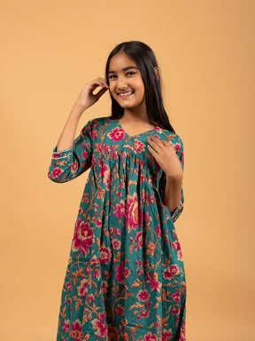 Kids Rama Green Printed Alia Cut Cotton Kurta Set