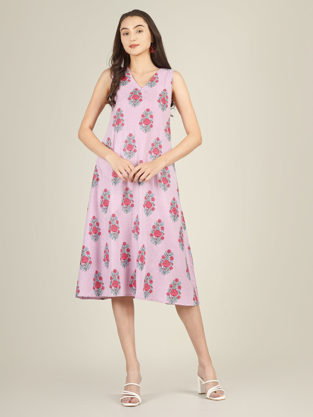 Baby Pink Striped V-Neck Sleeveless A-Line Cotton Dress