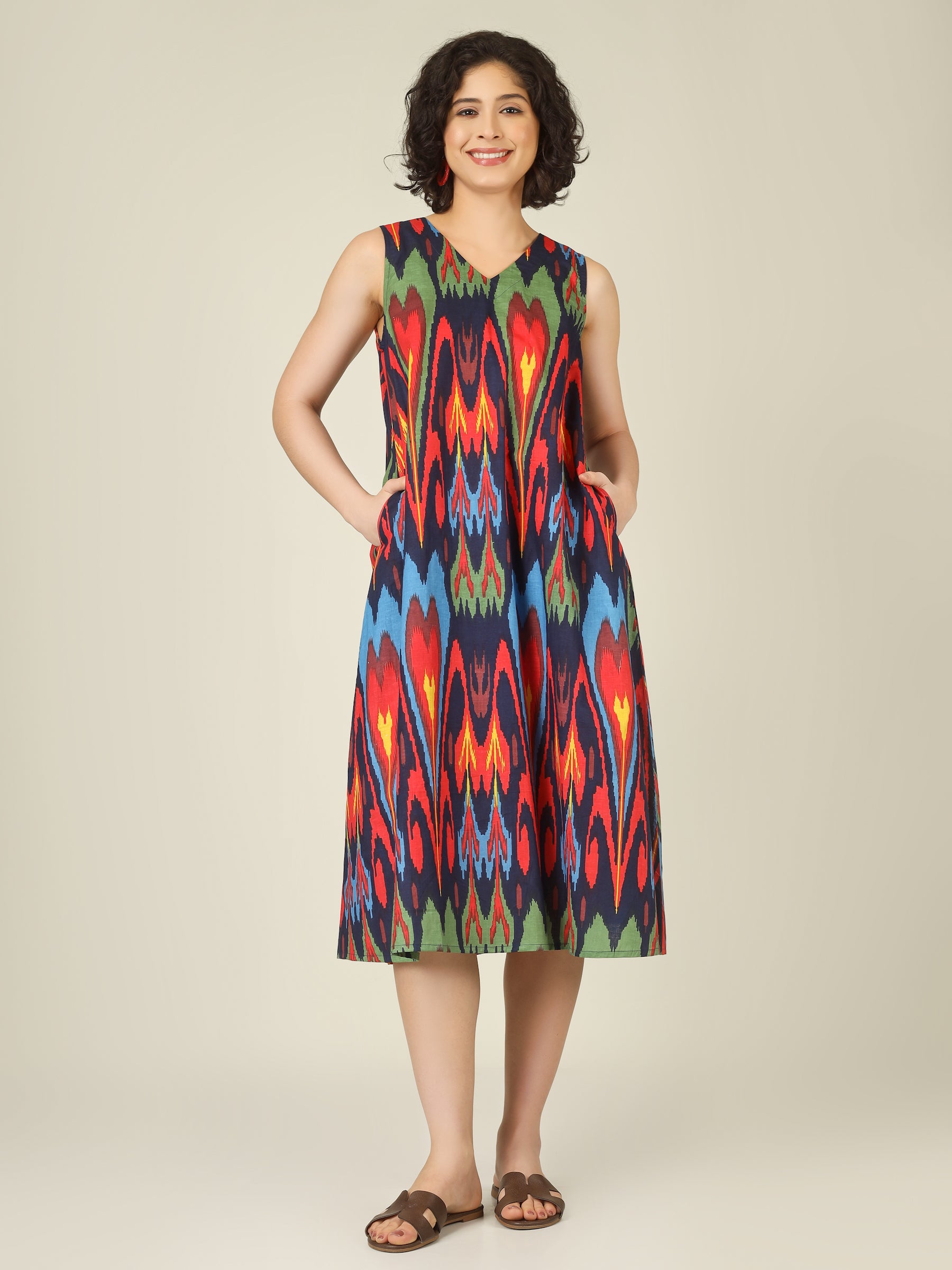 Navy Blue Printed V-Neck Sleeveless A-Line Cotton Dress