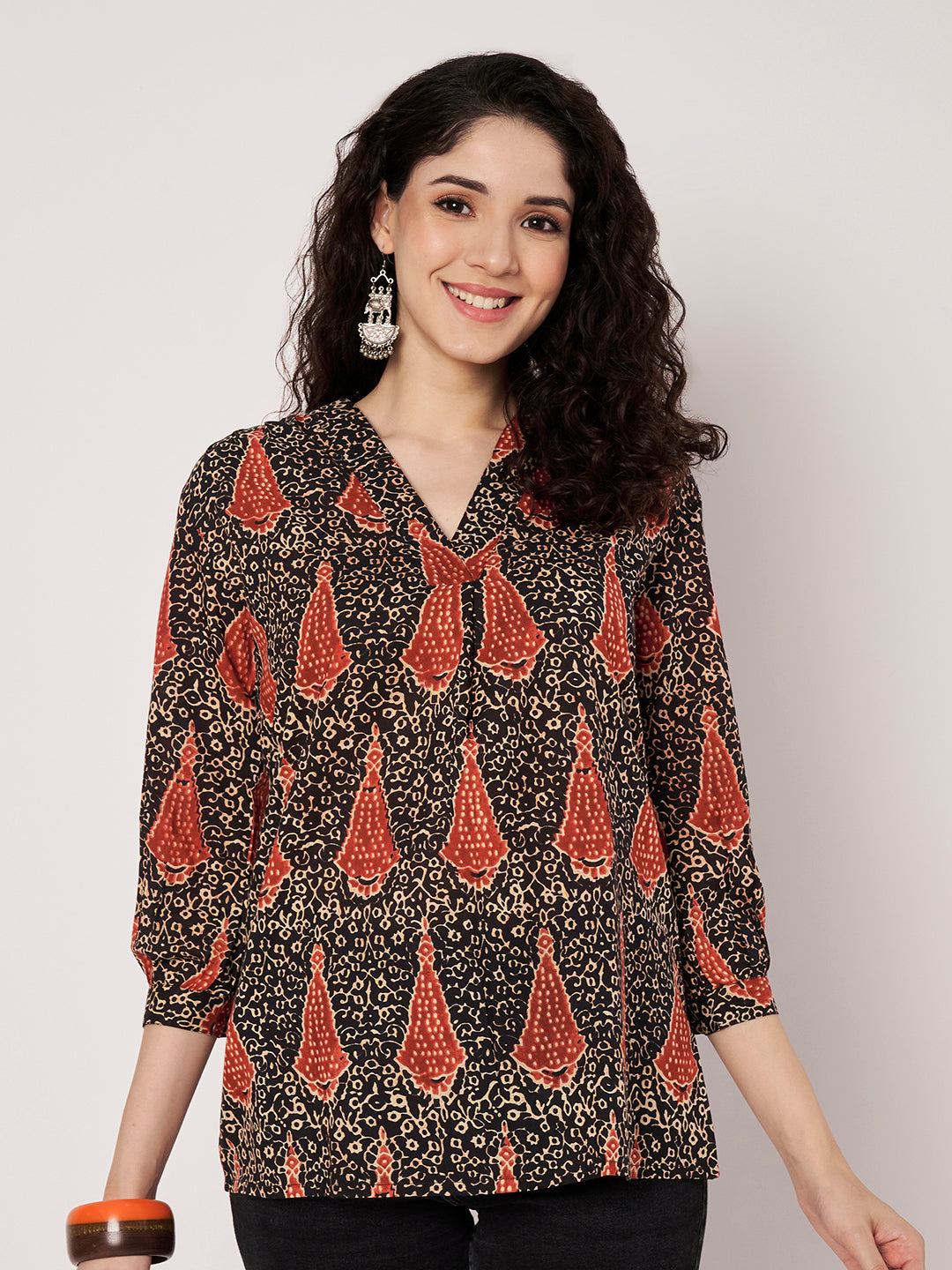 Black Printed V-Neck Cotton Top