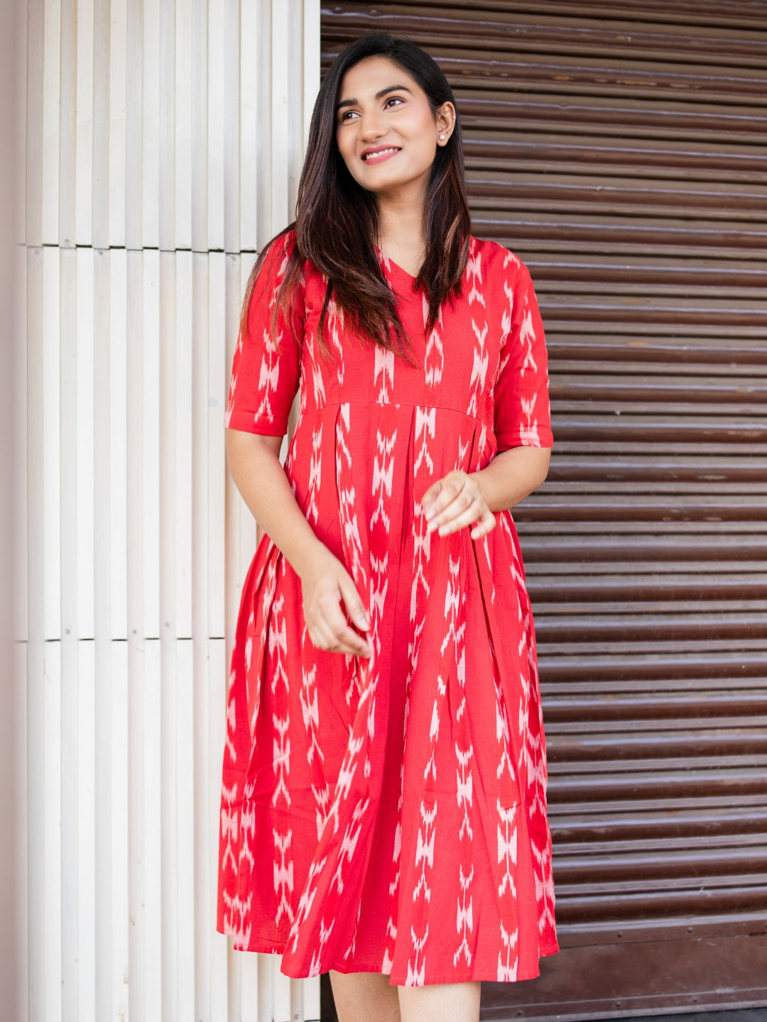 Handloom Cotton Red Ikkat Dress