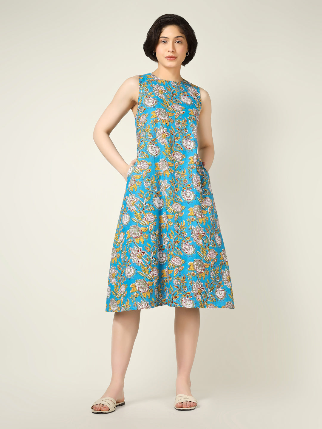 Sky Blue Printed Sleeveless A-Line Cotton Dress