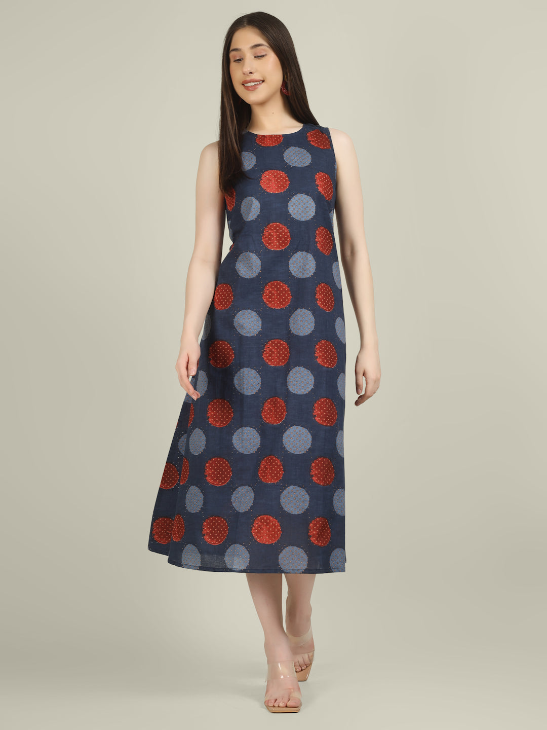 Blue Printed Sleeveless A-Line Cotton Dress