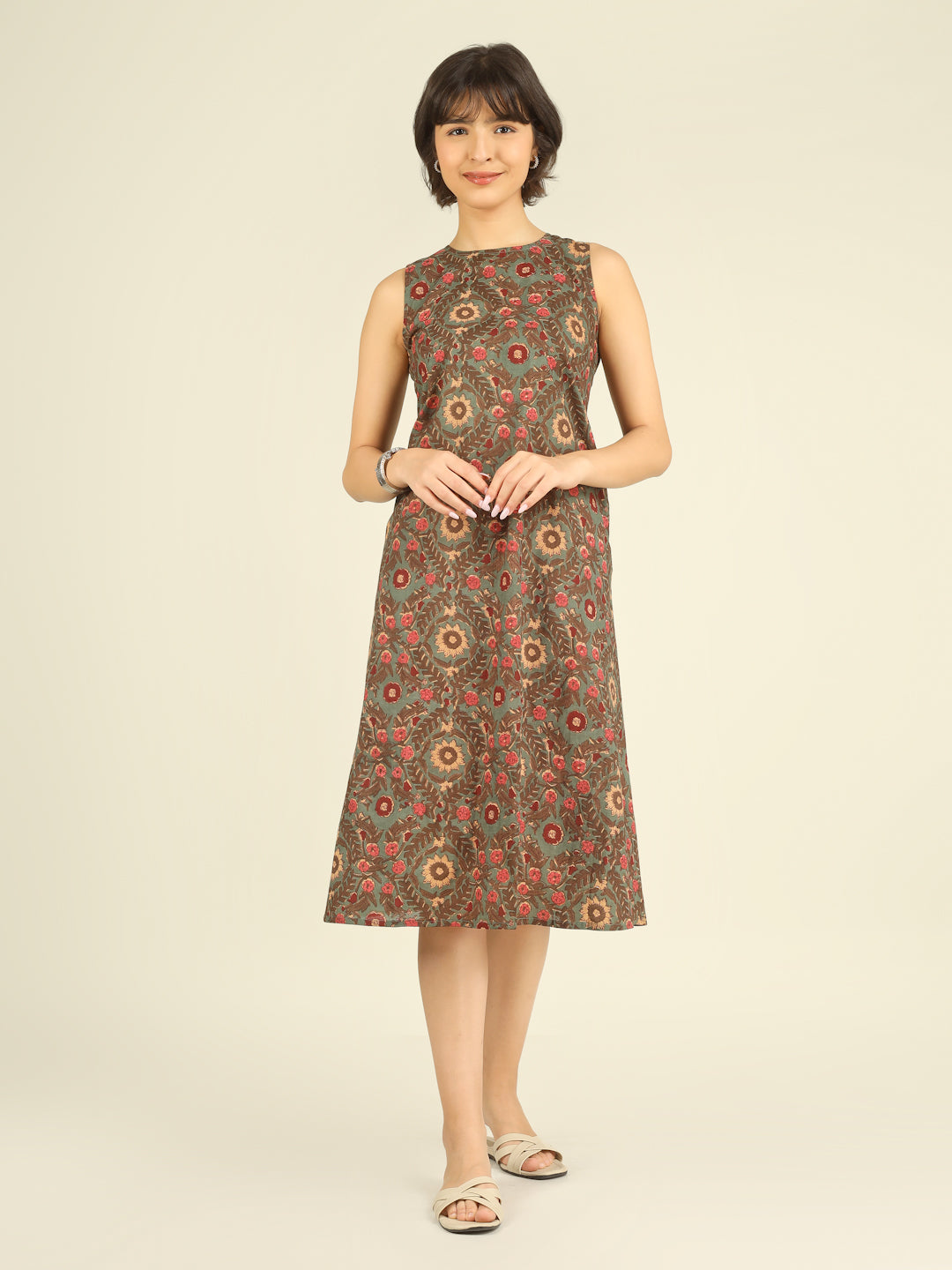 Green Printed Sleeveless A-Line Cotton Dress