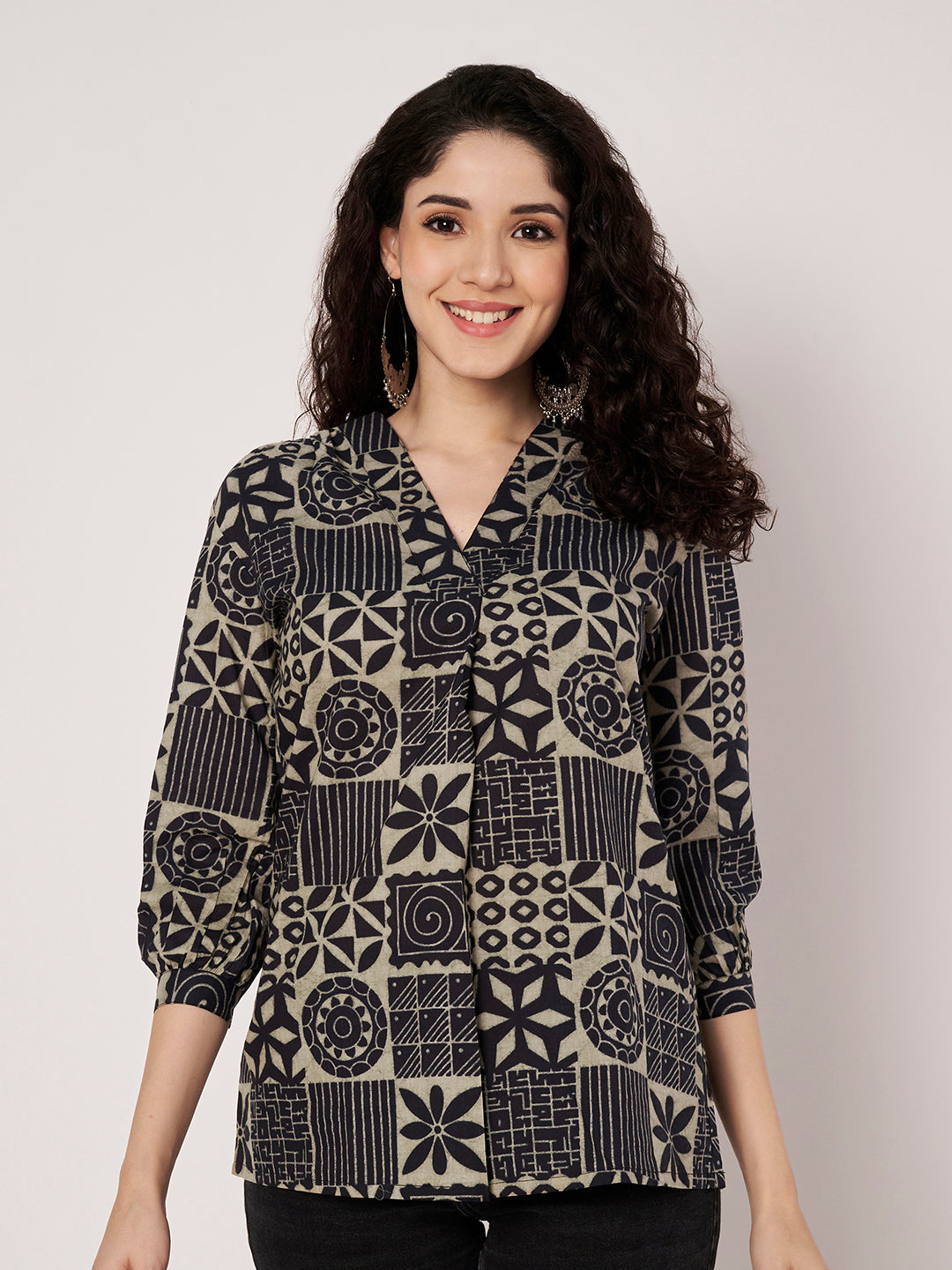 Navy Blue Printed V-Neck Cotton Top