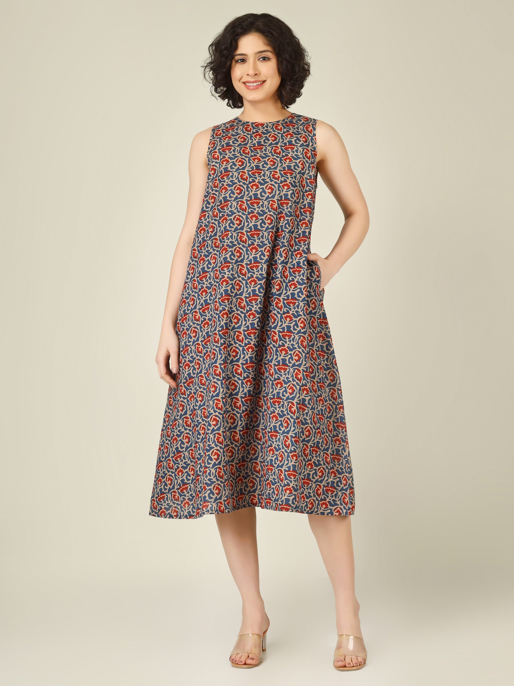 Blue Printed Sleeveless A-Line Cotton Dress