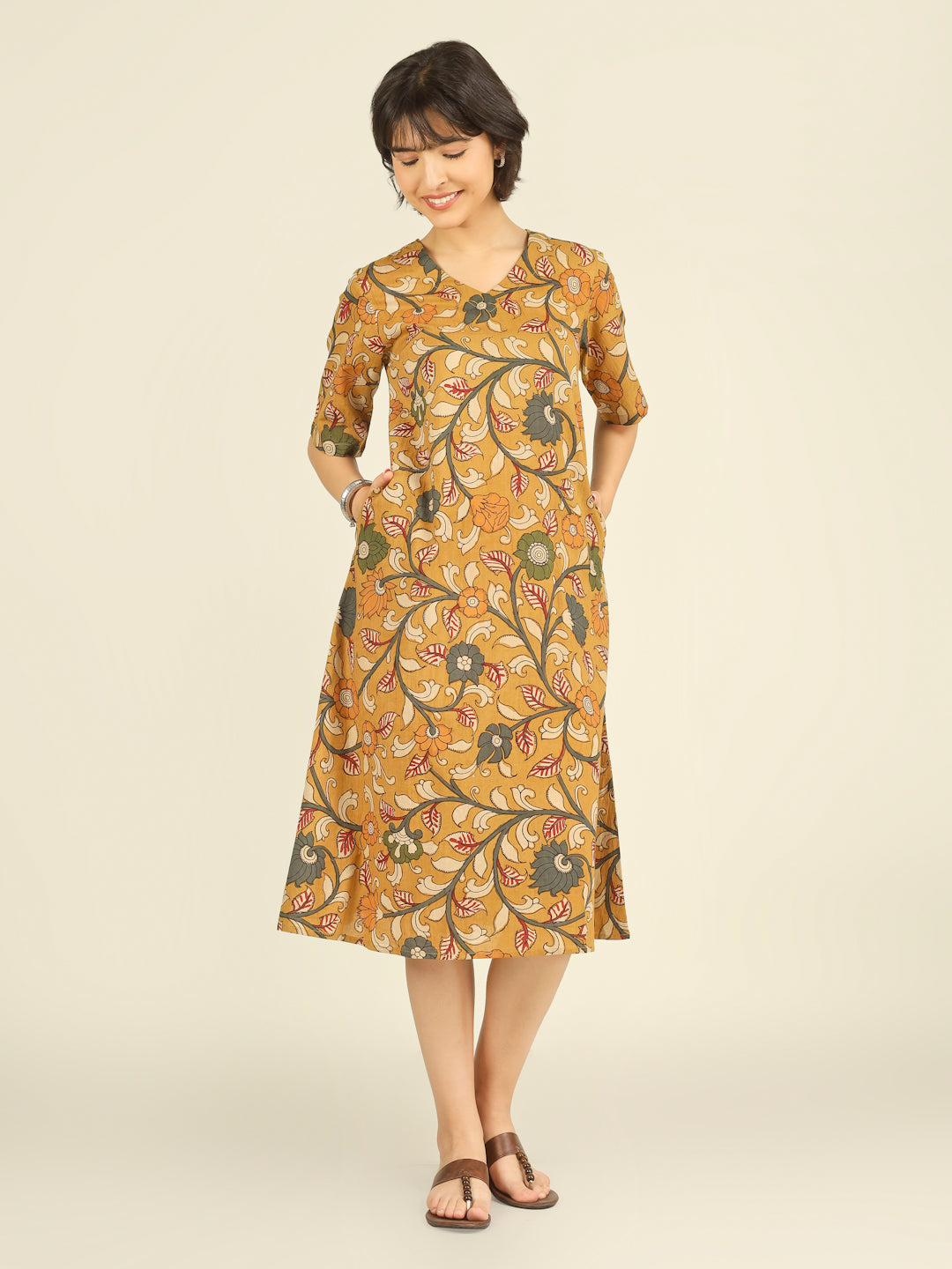 Mustard Printed Half-Sleeve A-Line Cotton Dress