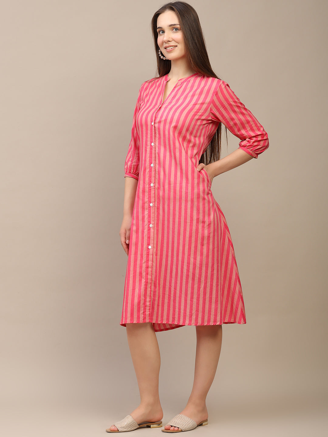 Pink Striped A-Line Cotton Dress