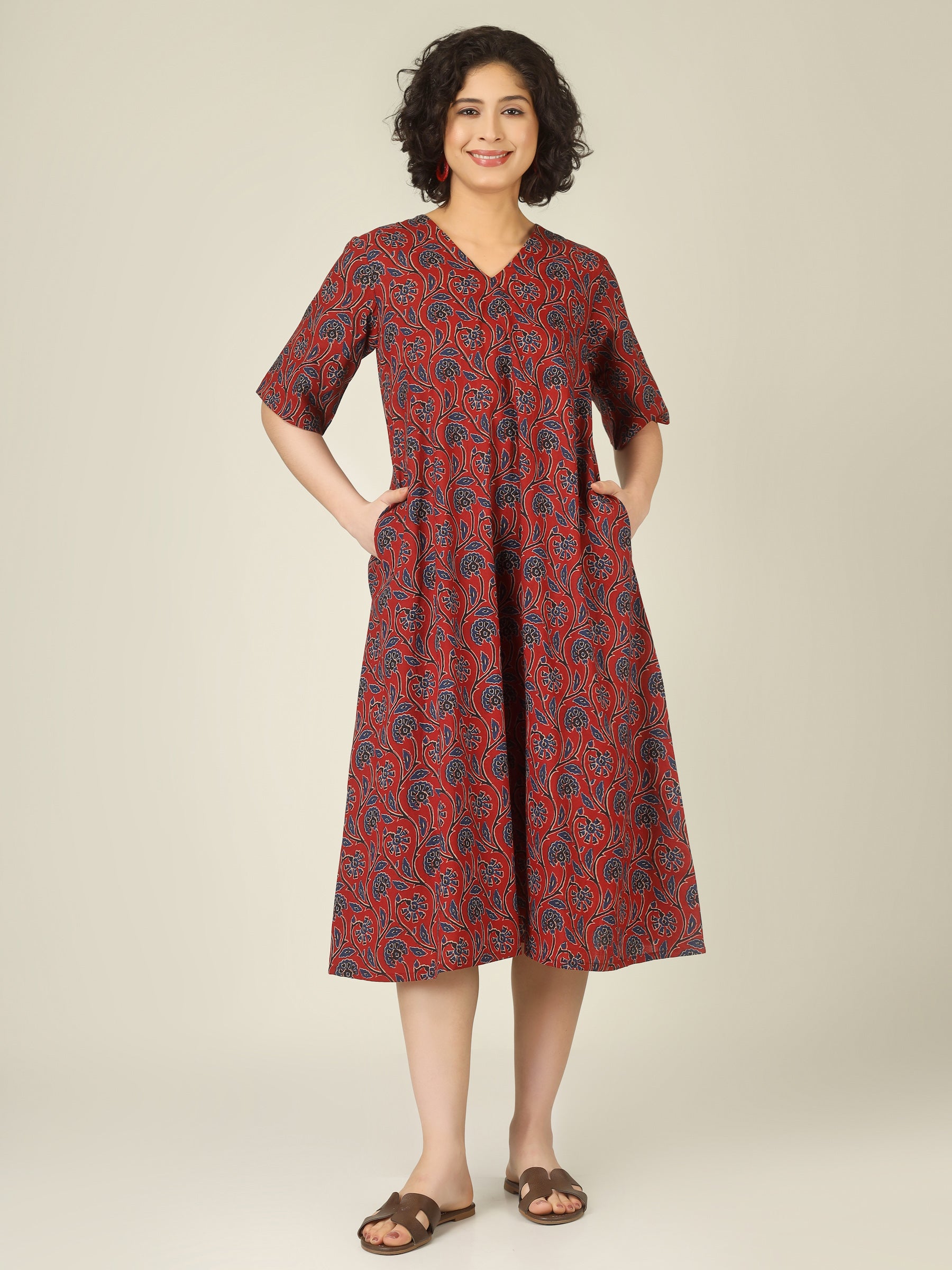 Maroon Printed Half-Sleeve A-Line Cotton Dress