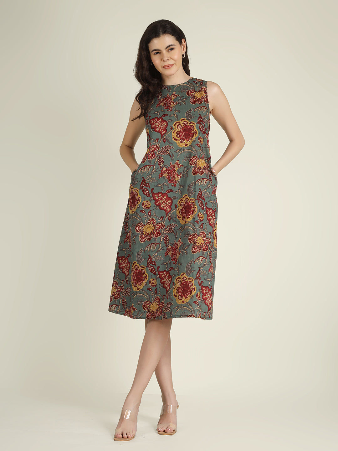 Green Printed Sleeveless A-Line Cotton Dress