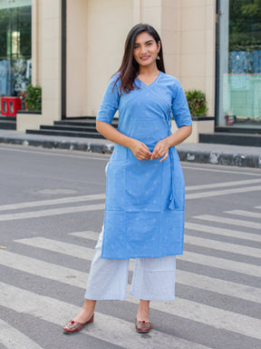 Handloom Cotton Blue Angrakha Kurta Set