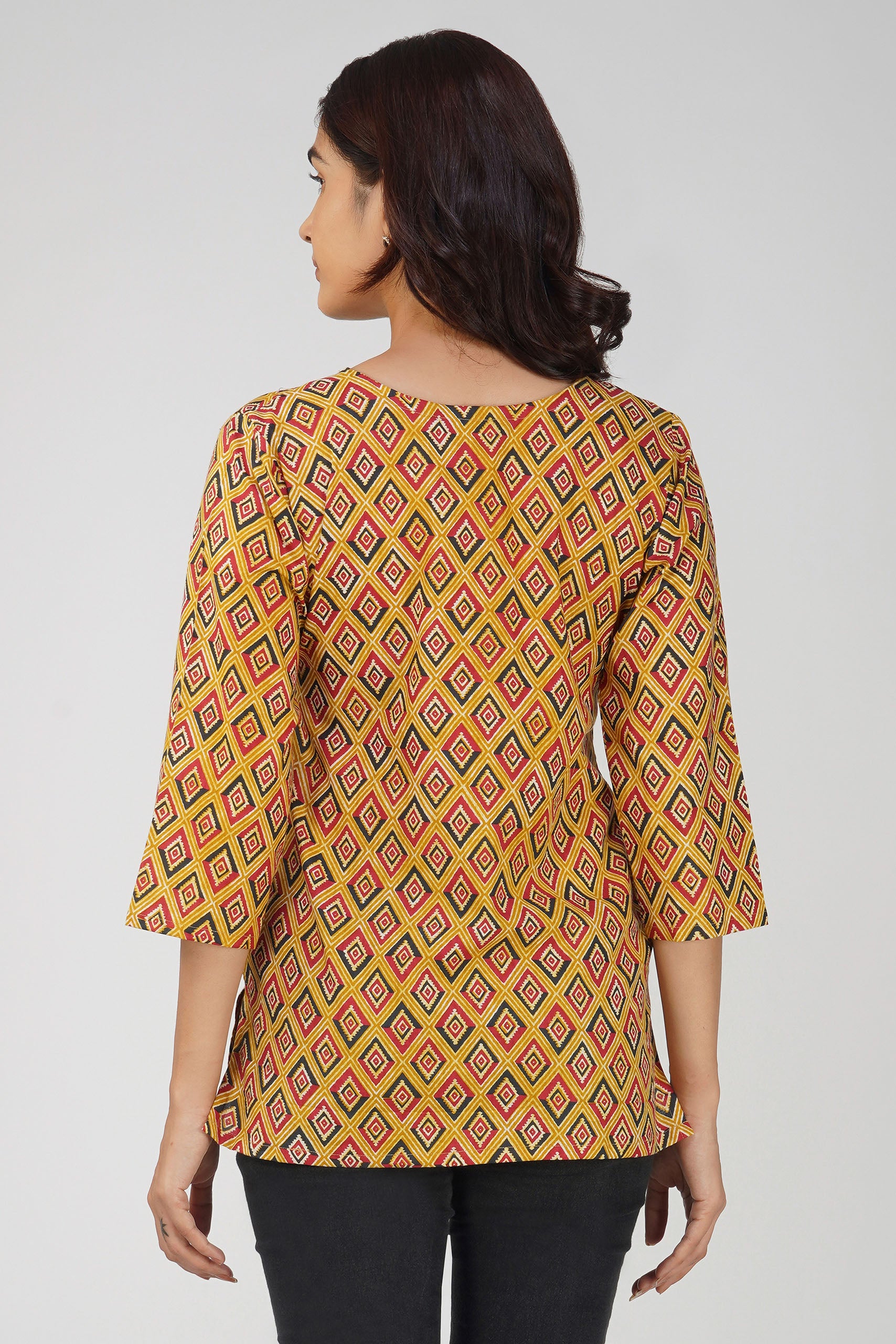 Mustard Printed V-Neck Cotton Top